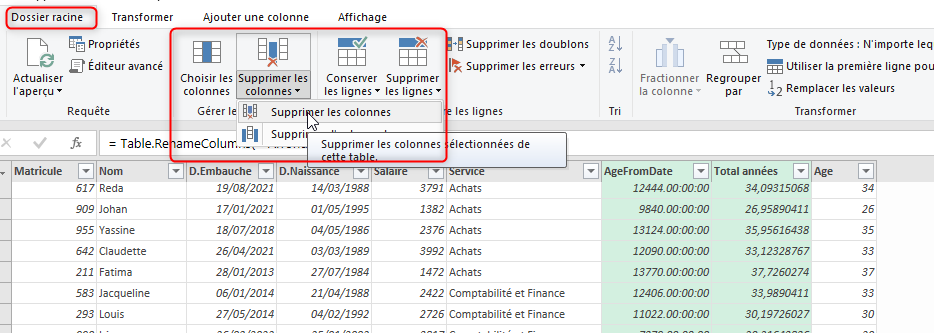 Excel, Supprimer des colonnes sous Power Query