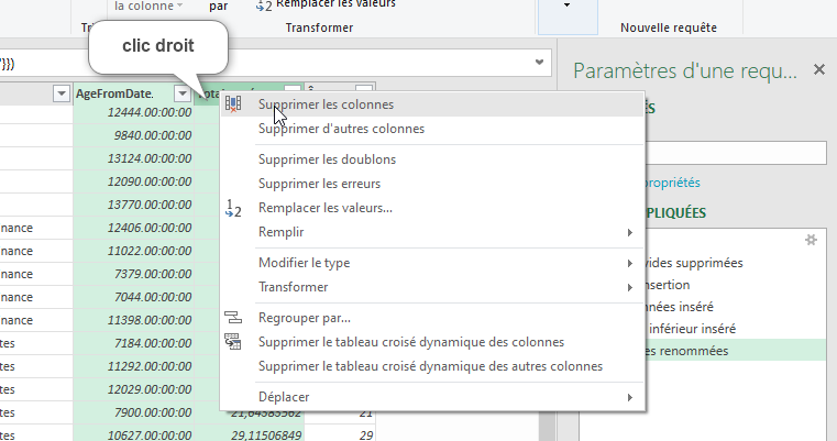 Excel, Supprimer des colonnes sous Power Query