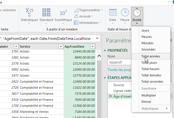 Excel, Modifier les nombres obtenus en nombre d'années sous Power Query